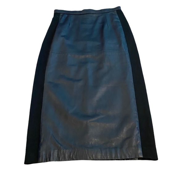 NETO VINTAGE fitted high waisted midi leather pencil skirt w/knit sides - Picture 3 of 10